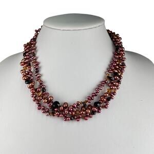 Real Pearl Triple Strand Garnet & Glass 19" Sterling Silver Clasp Necklace